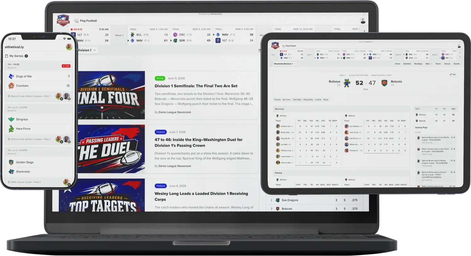 athletical.ly running on a laptop, tablet, and phone